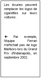 Text Box: Les �curies peuvent remplacer les logos de cigarettes sur leurs voitures. 
&nbsp;
� Par exemple, l��quipe Ferrari n�affichait pas de logo Marlboro lors du Grand Prix d�Indianapolis, en septembre 2002.
